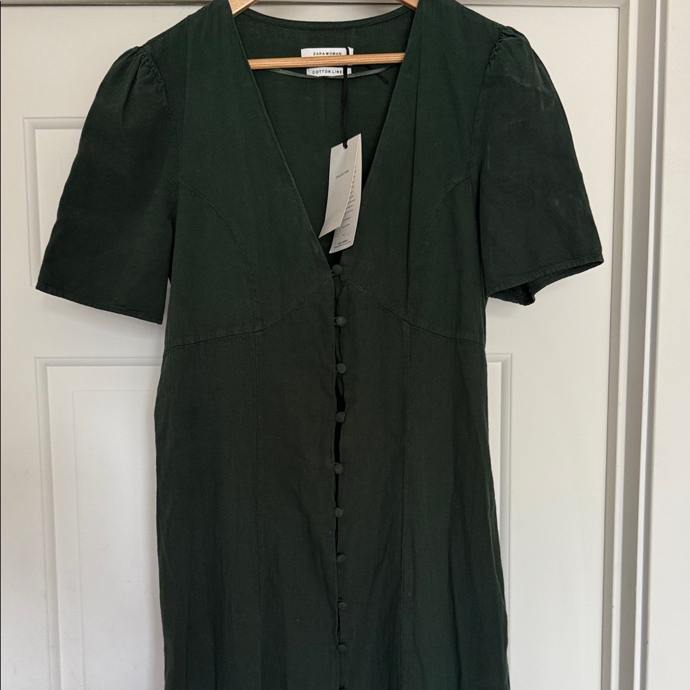 Zara collection cotton/linen Dark Green Midi Dress